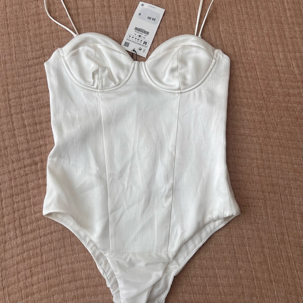 Zara White Bodysuit with Thin Straps and Ribbed Texture